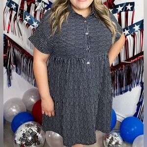 JODIFL Blue and White Casual Sundress with Polo Collar